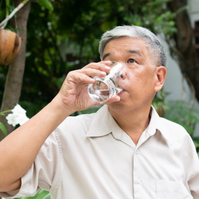 japaese elder man drinking water japaese elder man drinking water