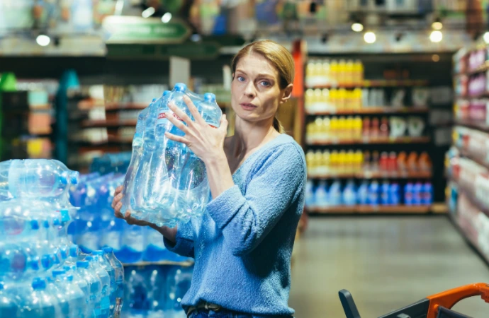 woman carrying packs of bottled water
