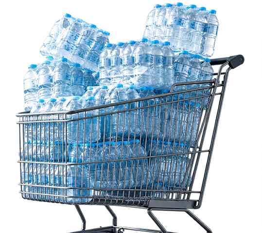 trolley filled with packs of bottled water