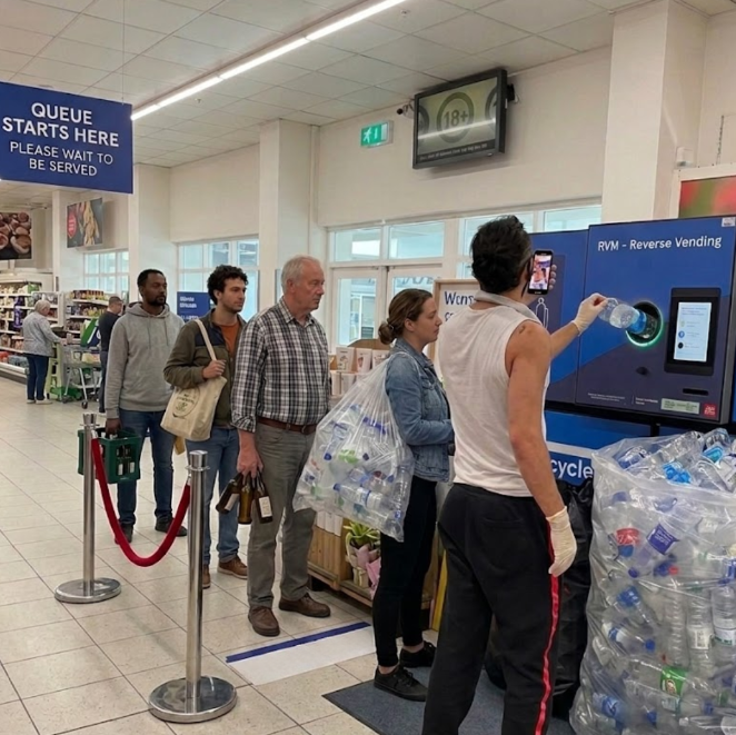 Bottles recycling, queue, plastic bottles