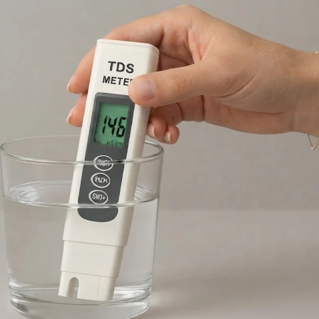 Glass of water being tested by a TDS meter Glass of water being tested by a TDS meter from a female hand