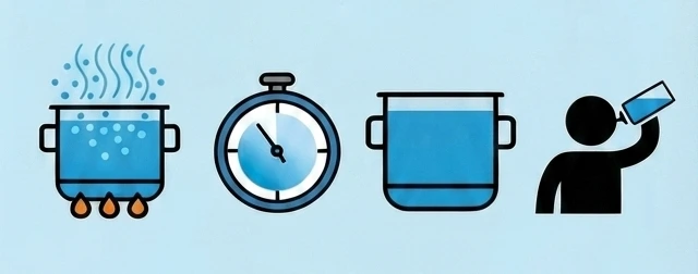 Icon showing the step by step to boil water for safety Process of boiling water suggested by Uisce Éireann. Boil, wait, let it cool, and then use it.